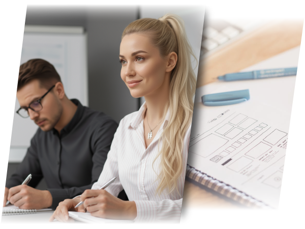 Emprendedores trabajando en equipo y planificando su negocio en el curso De la Idea al Negocio - Academia de Negocios
