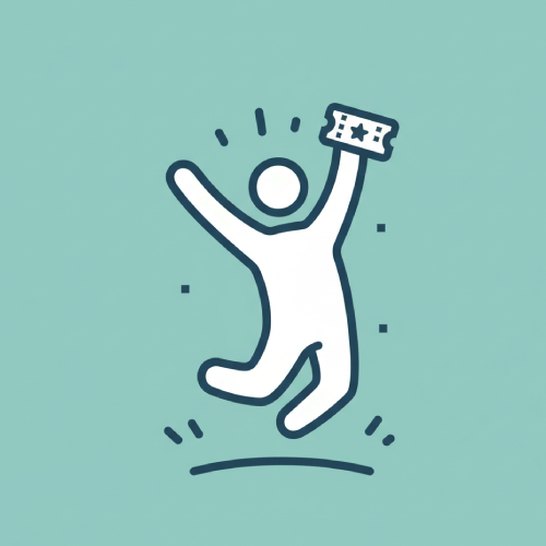 Ícono de persona saltando con ticket en la mano representando acceso al curso - Academia de Negocios