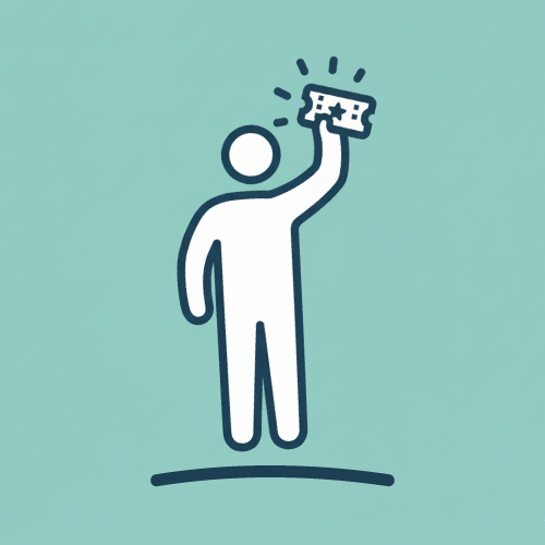 Ícono de persona de pie sosteniendo un ticket en alto representando compromiso y acceso al curso - Academia de Negocios