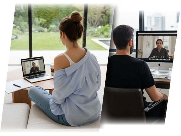 Personas tomando clases virtuales desde sus hogares, cursos online de Academia de Negocios