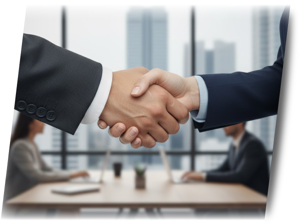 Socios estrechando las manos en acuerdo de colaboración, partners de Academia de Negocios