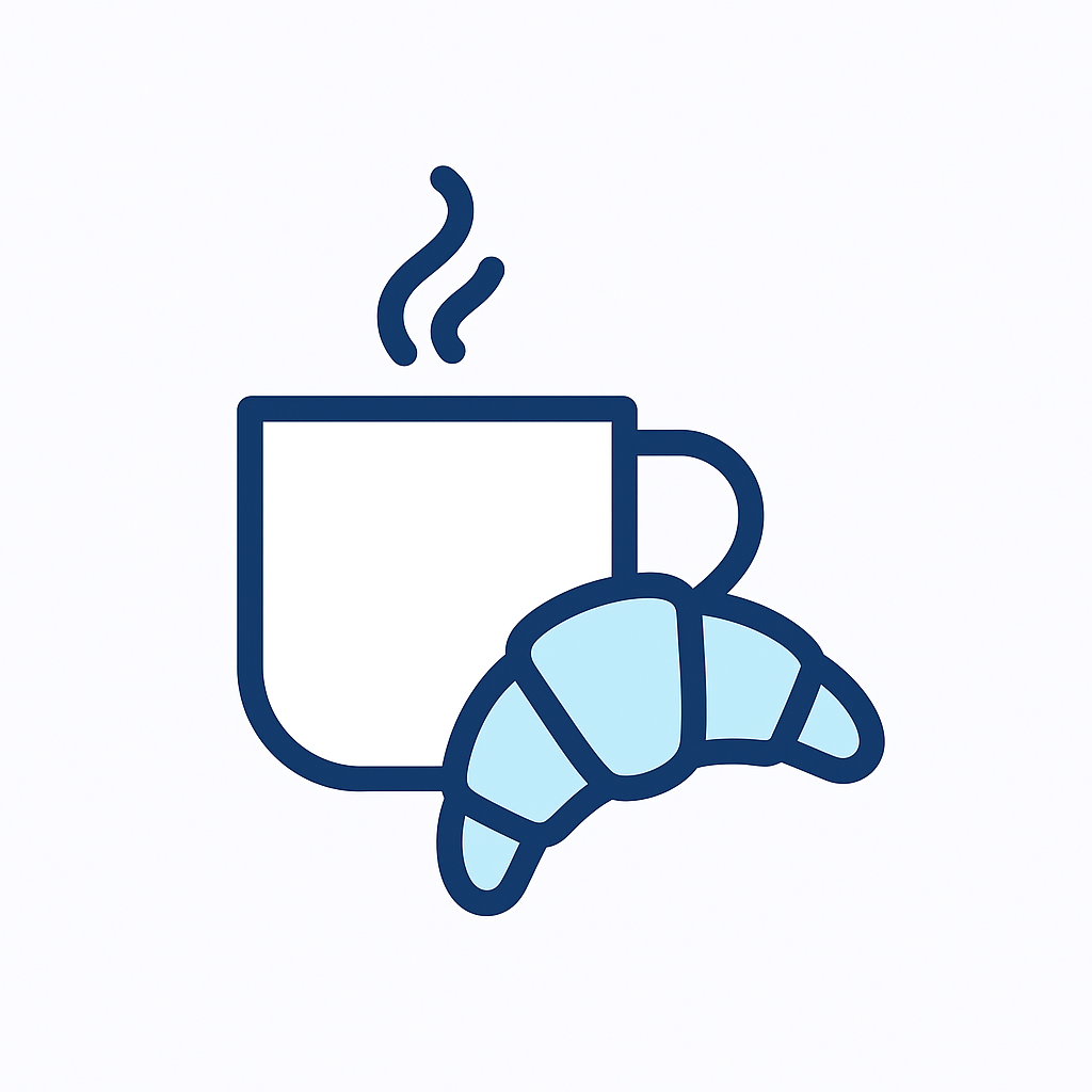 Ícono de taza de café y medialuna, coffee break disponible en Academia de Negocios
