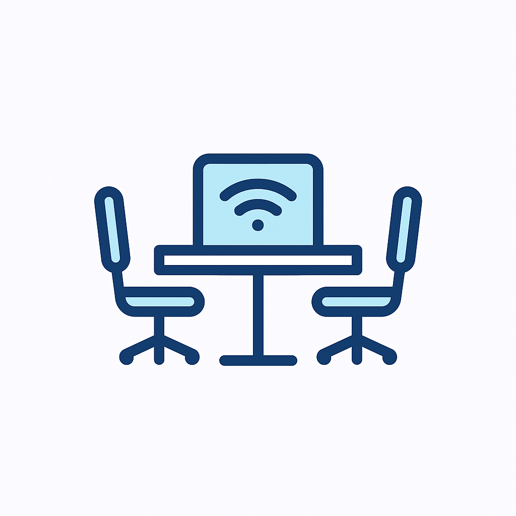 Ícono de mesa con sillas ergonómicas y conexión Wi-Fi, espacios cómodos de Academia de Negocios
