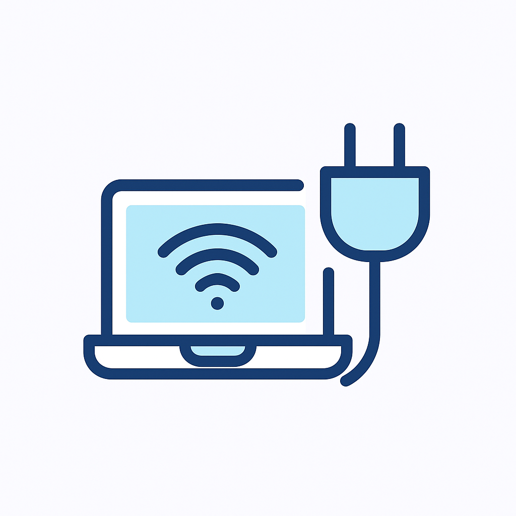 Ícono de notebook con señal Wi-Fi y enchufe, espacio preparado para usar computadoras portátiles en Academia de Negocios