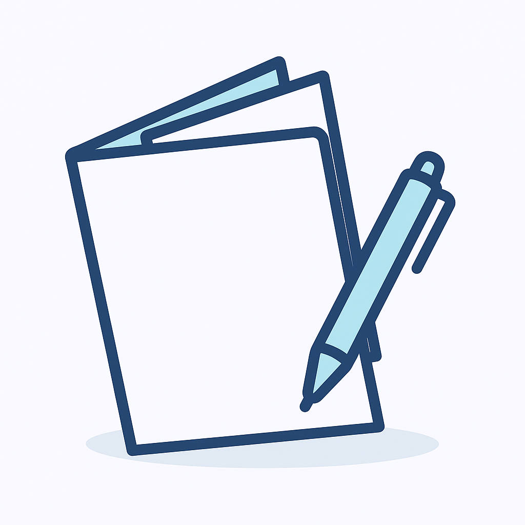 Ícono de carpeta con hojas y bolígrafo, material impreso entregado en los cursos de Academia de Negocios