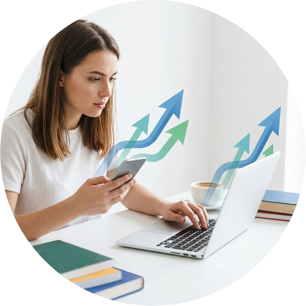 Emprendedora analizando el crecimiento de su negocio con herramientas digitales, planificación y progreso empresarial