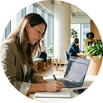 Profesional planificando su negocio con notebook y cuaderno, perfil ideal del curso Planificá tu Negocio