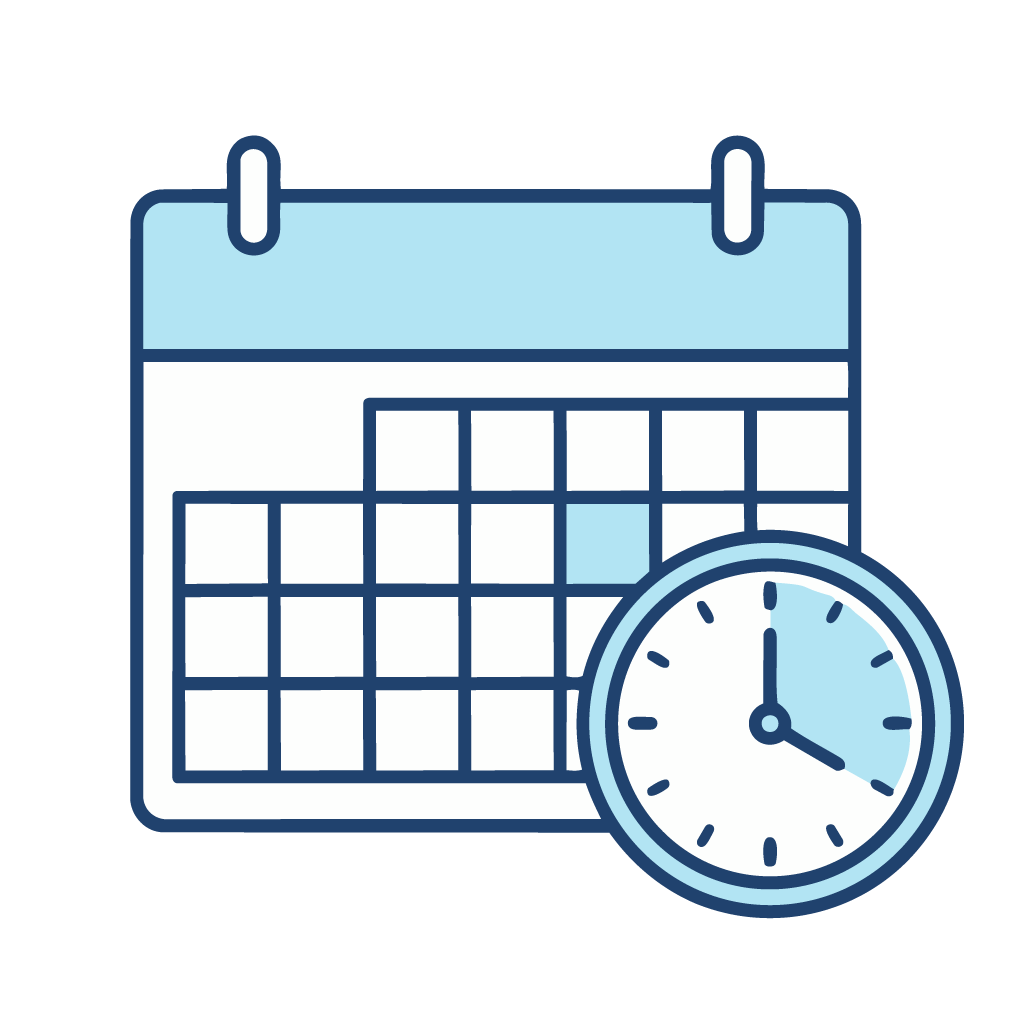 Ícono de calendario y reloj, fechas y horarios del curso